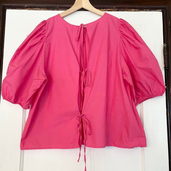 Handmade Reversible Fuchsia Pink Cotton Tie Puff Sleeve Top— Size Large - Picture 4 of 4
